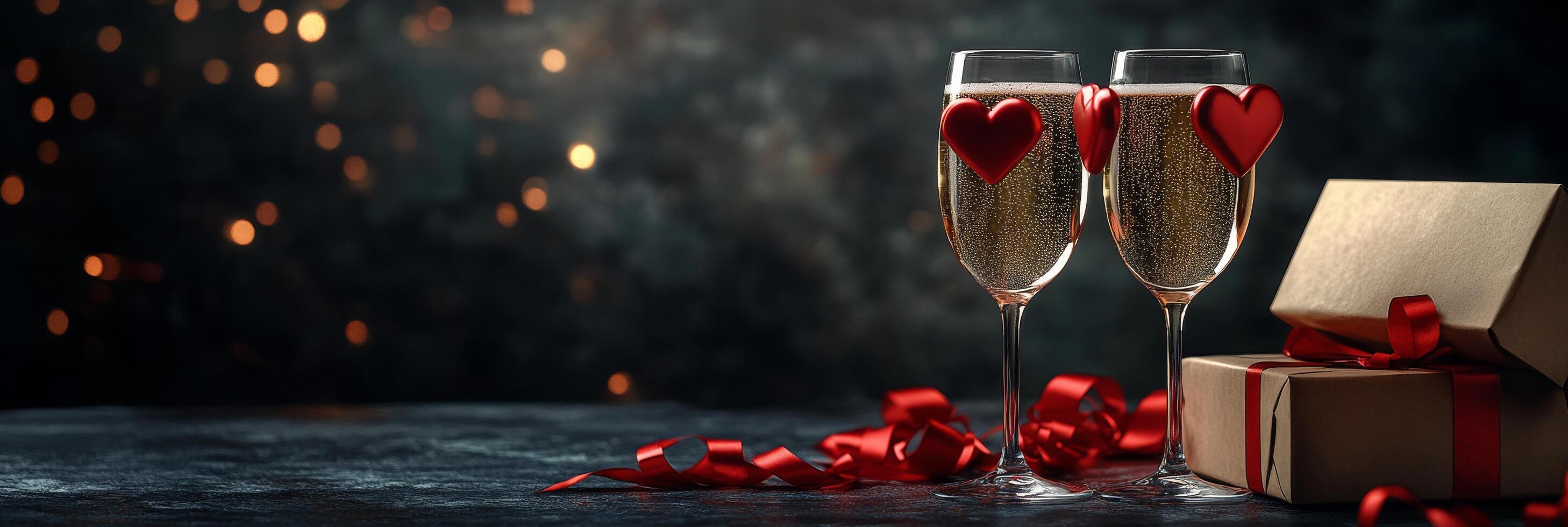 Romantic setting with red wine glasses and gift box for special occasions on dark background photo