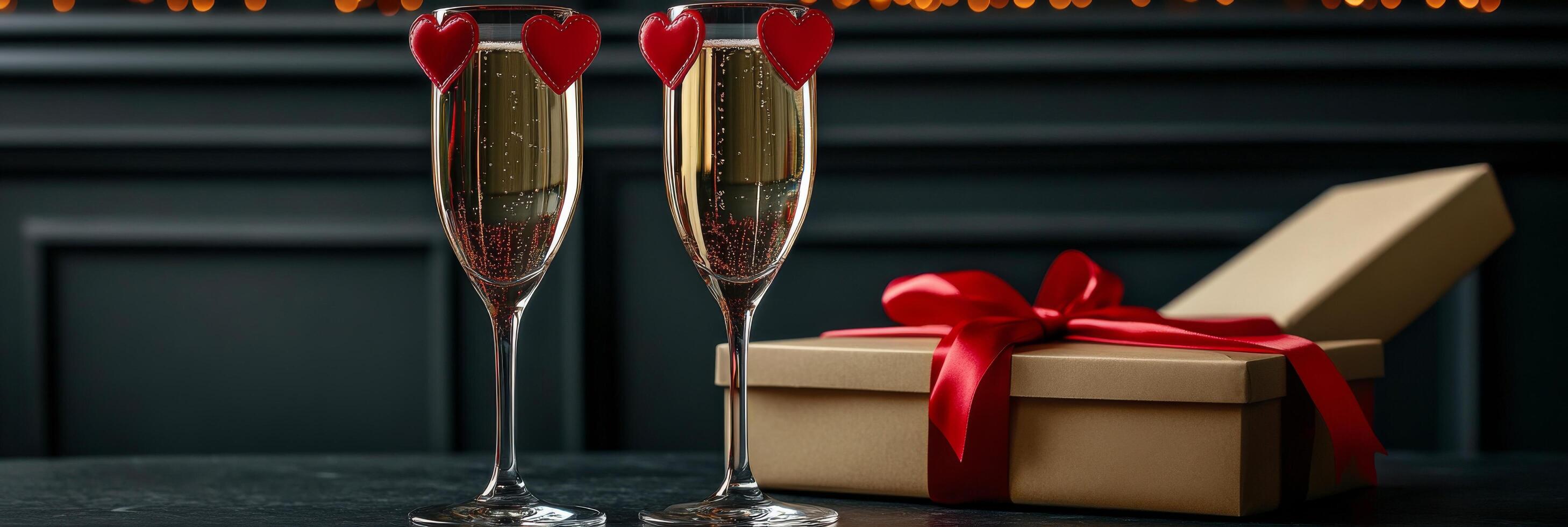 Romantic setting with red wine glasses and gift box for special occasions on dark background photo