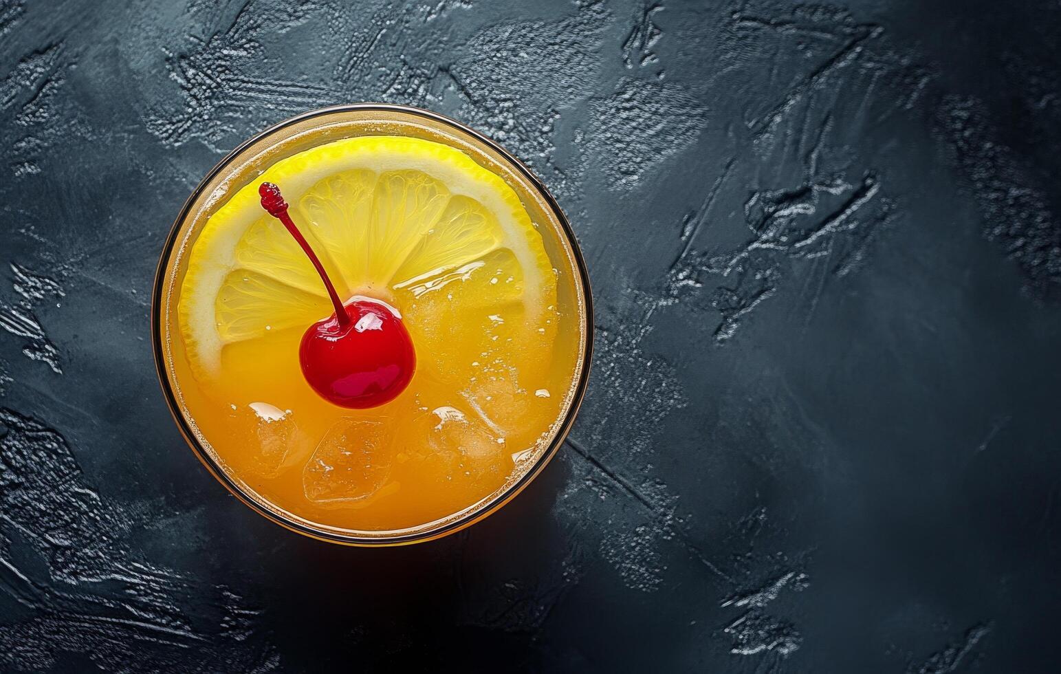 Refreshing orange cocktail topped with a cherry and lemon slice on a dark surface photo