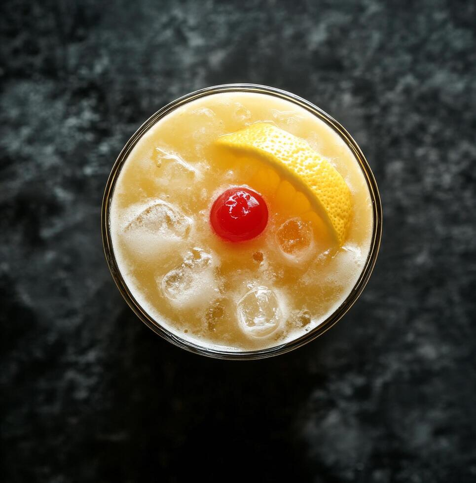 Refreshing cocktail served in a glass with ice and garnished with a cherry and lemon slice photo