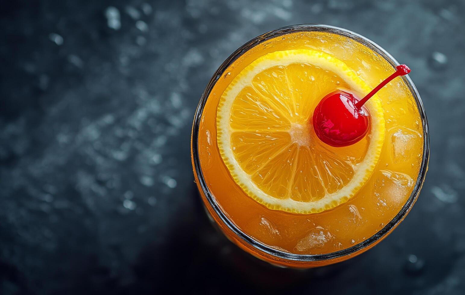 Refreshing orange cocktail topped with a cherry and lemon slice on a dark surface photo