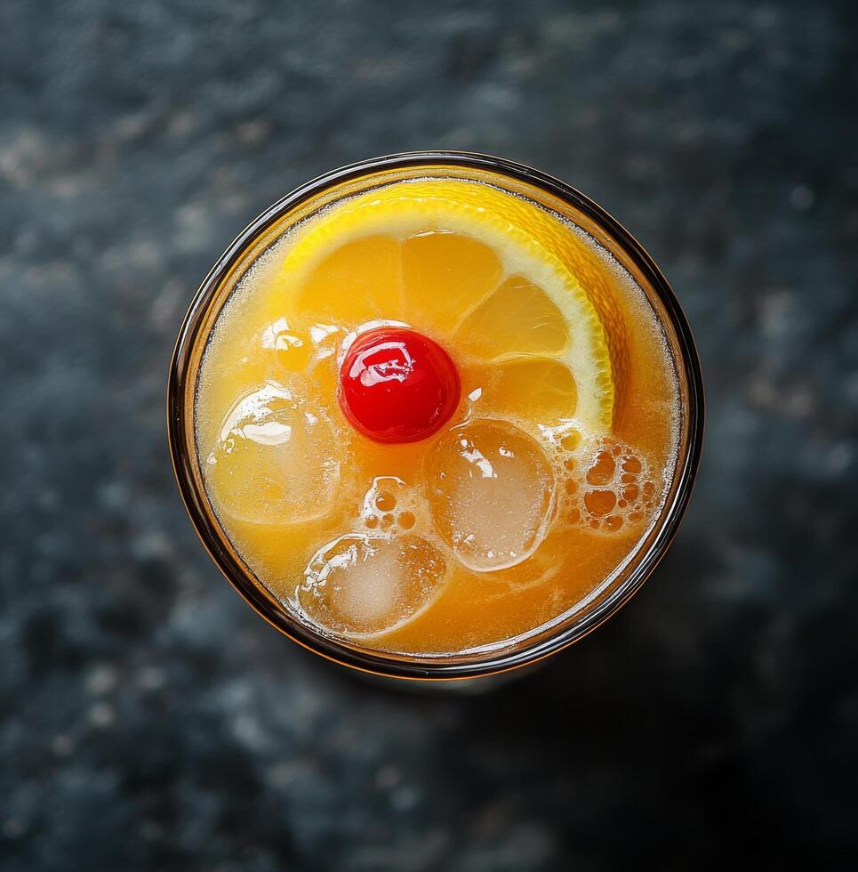 Refreshing cocktail served in a glass with ice and garnished with a cherry and lemon slice photo