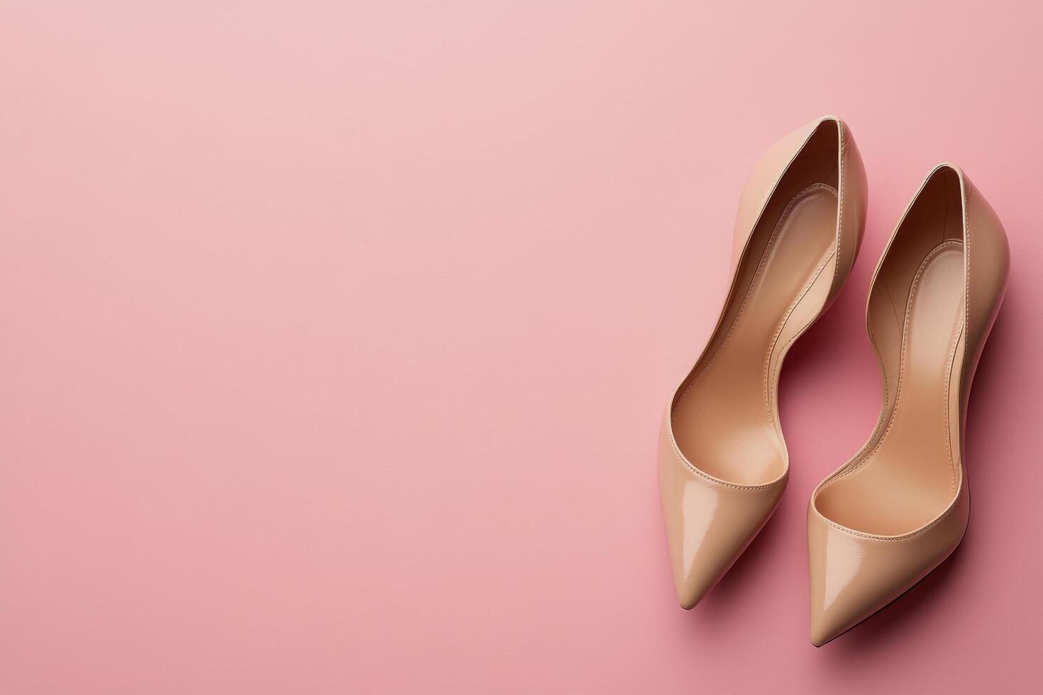 Elegant nude high heel shoes displayed on a soft pink background in a stylish setup photo