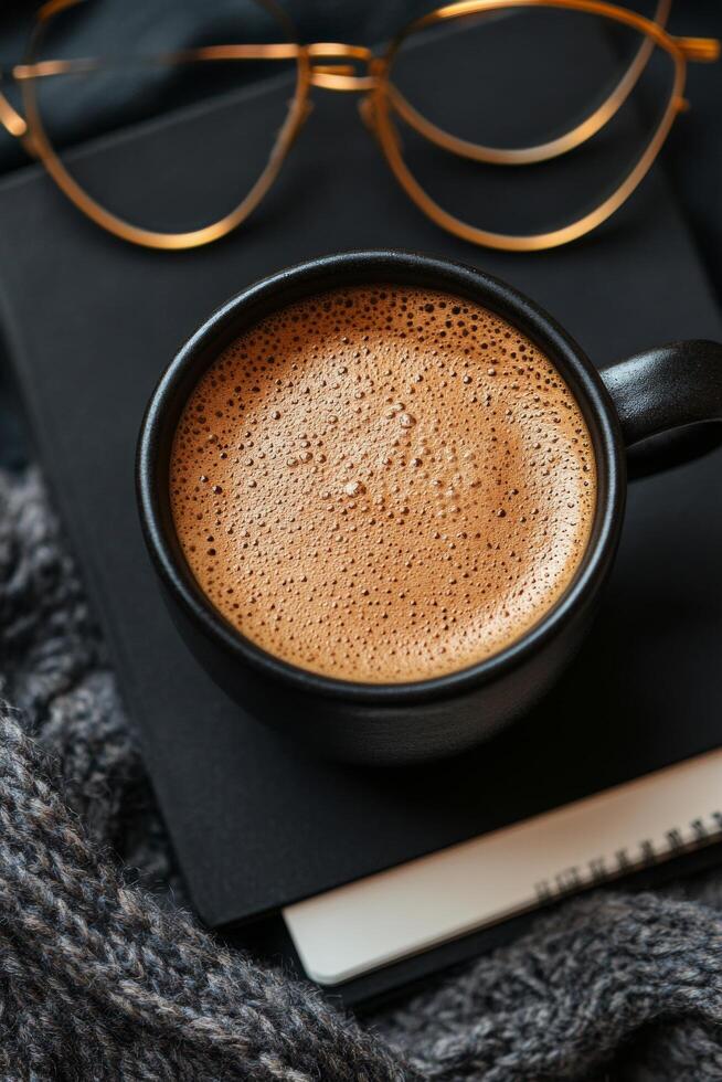 Morning coffee in a cozy workspace with glasses and a notebook on a black table photo