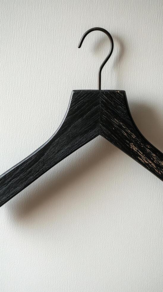 Black wooden hanger with metal hook against a plain background for organizing clothing items photo
