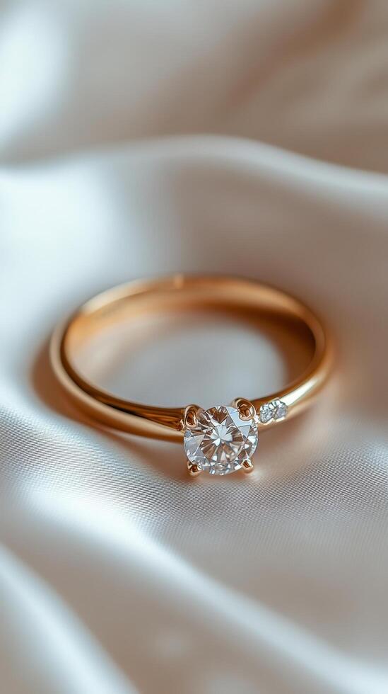 Elegant gold ring with a sparkling diamond placed on soft fabric photo