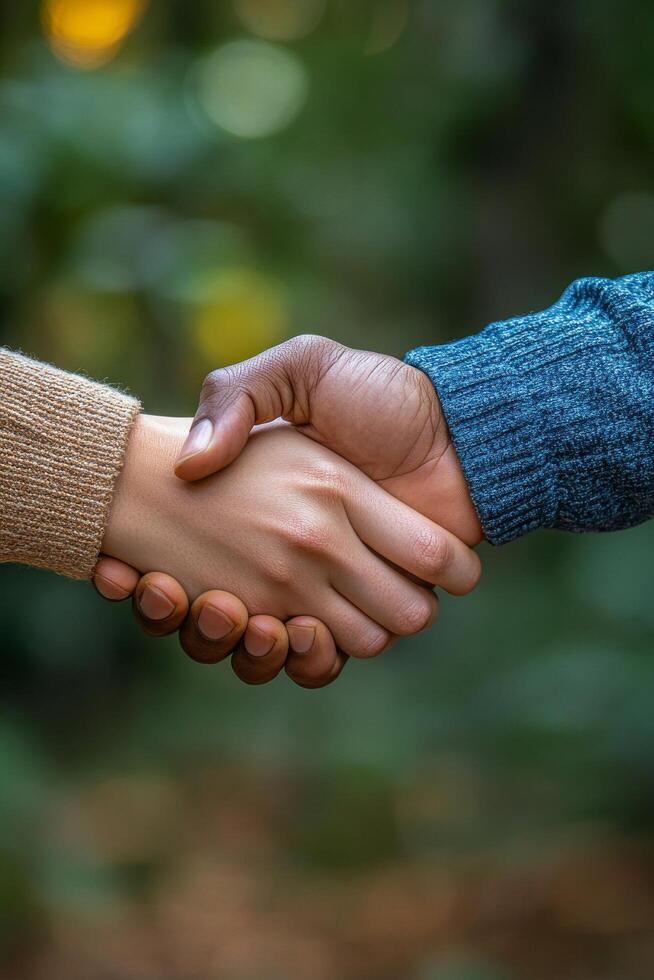 Two hands shaking in a gesture of friendship and agreement, conveying unity and cooperation photo