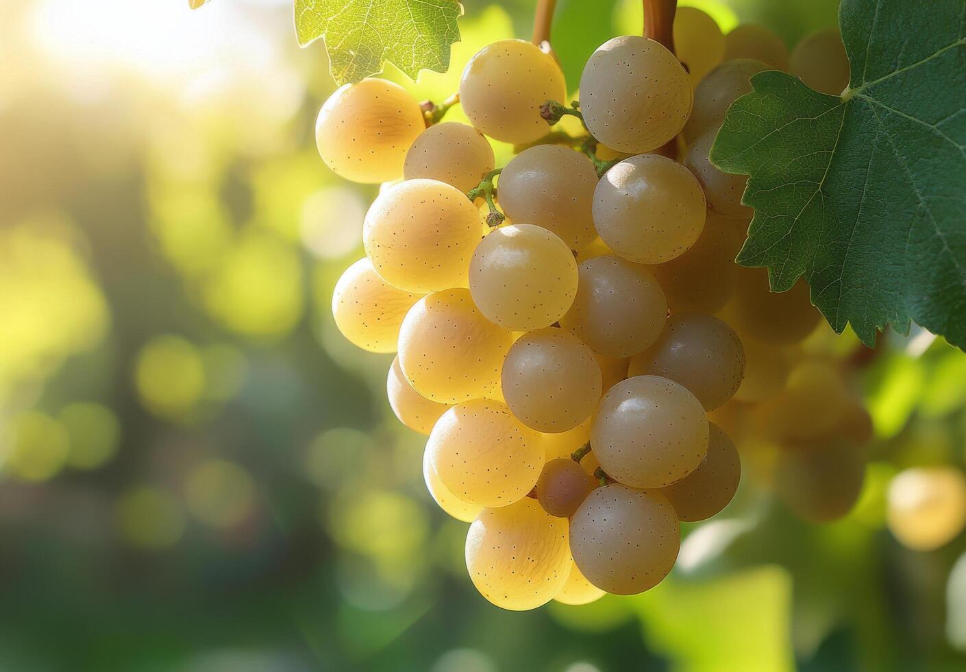 Fresh clusters of ripe white grapes hanging from a vine in a sunlit vineyard during summer photo