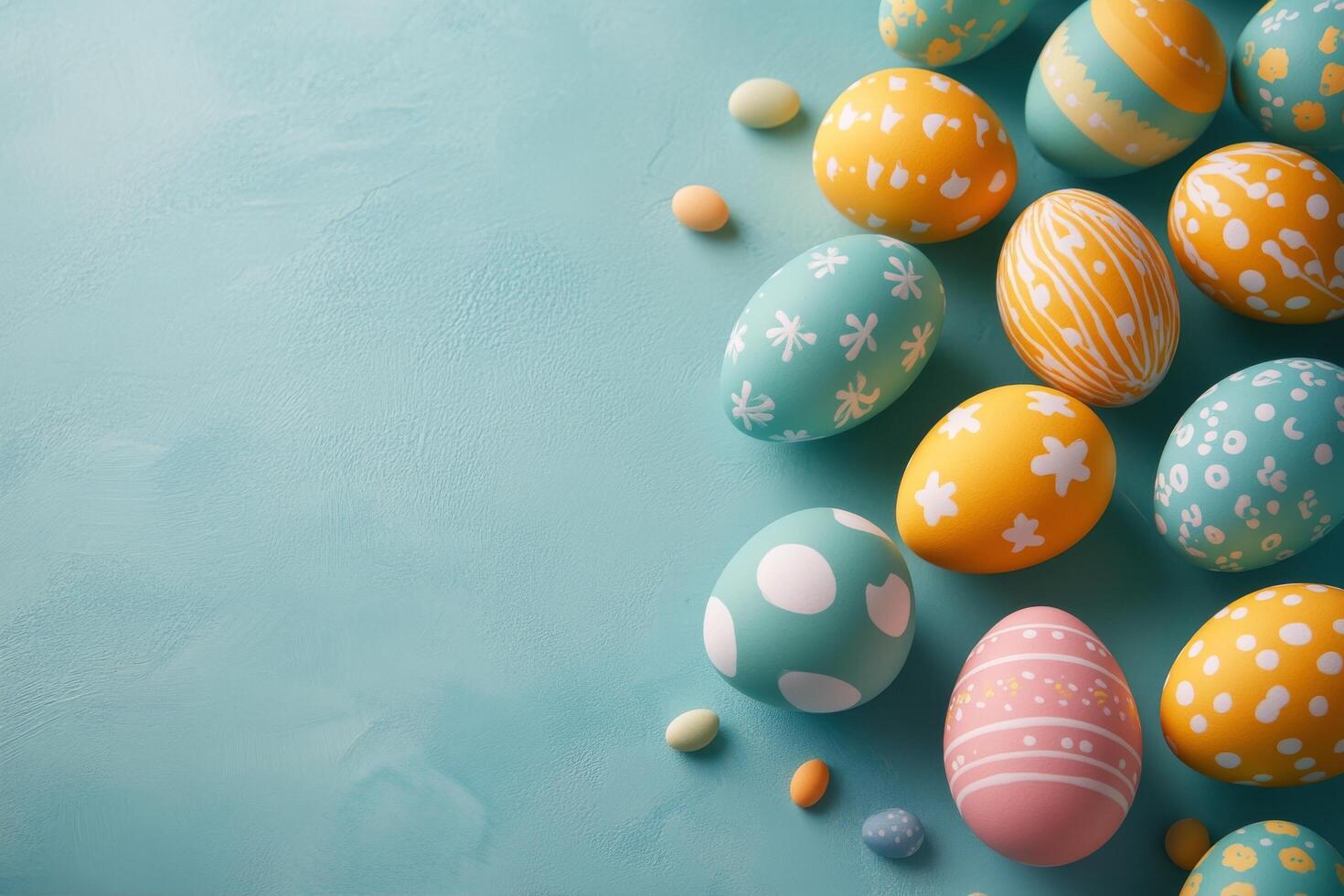Decoratively painted Easter eggs arranged on a pastel background ready for celebration photo