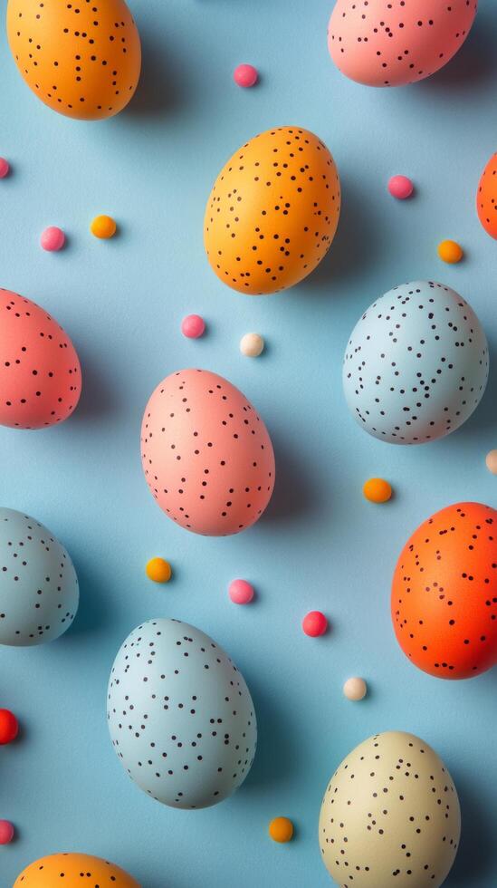 Colorful speckled eggs arranged on a bright blue surface for spring celebration decorations photo