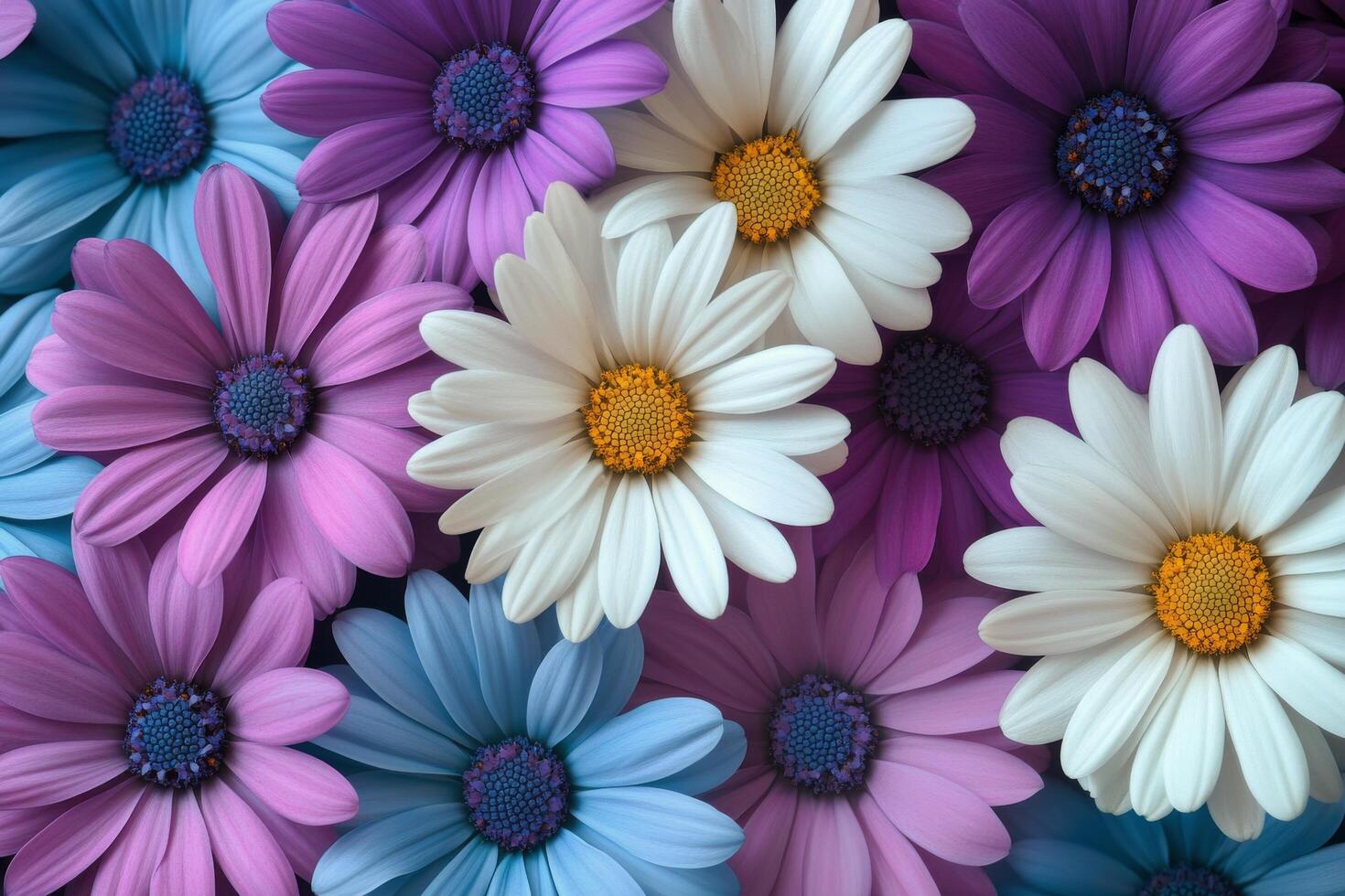 A vibrant arrangement of colorful daisies in various shades on a dark background photo