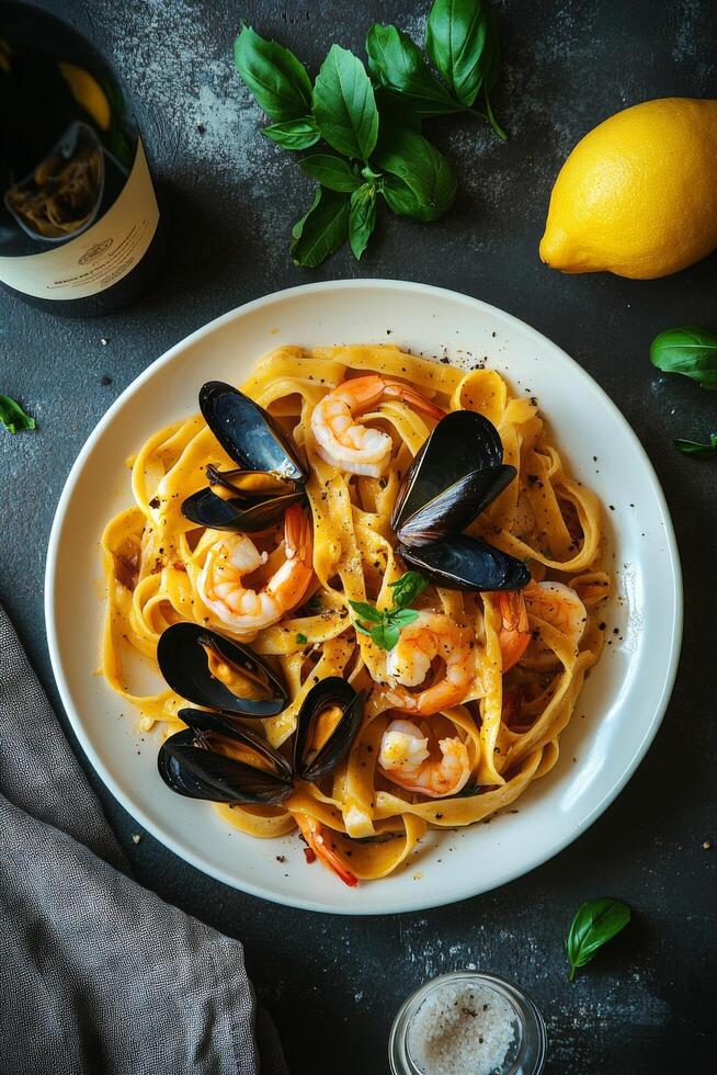 Delicious seafood fettuccine served in a bowl with lemon on a wooden table photo
