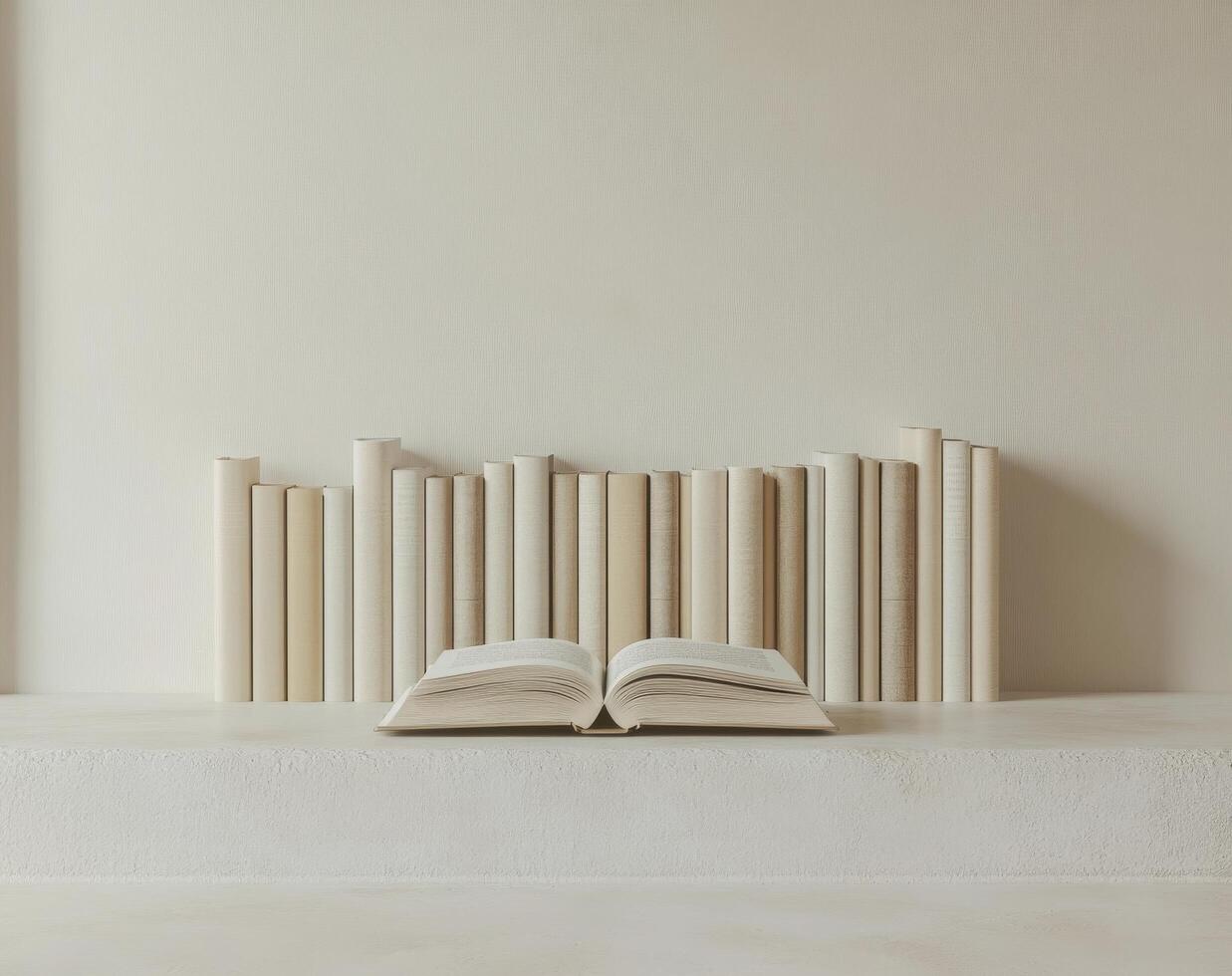 A collection of vintage books with an open book in front on a white background photo