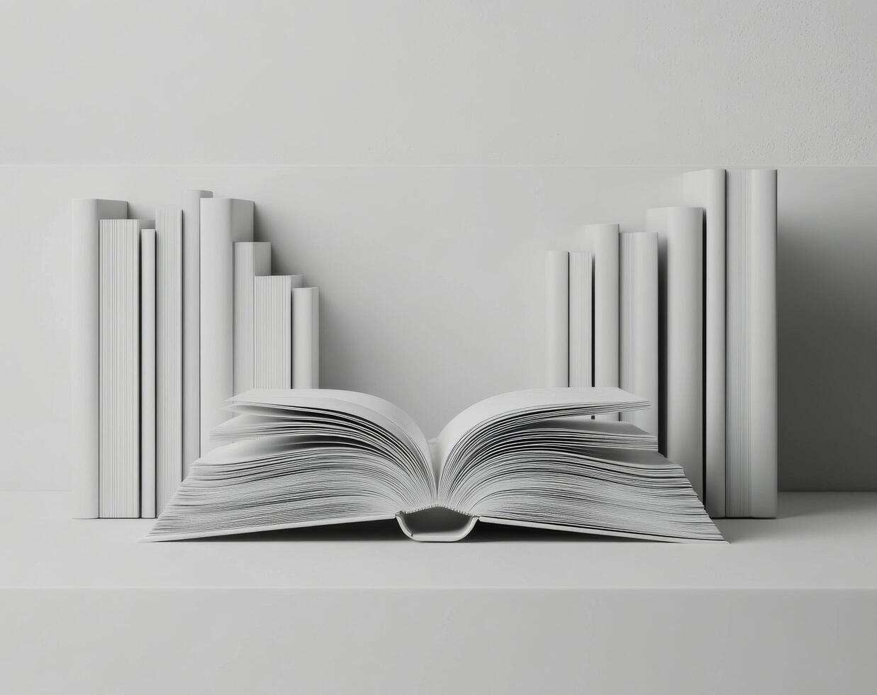 A collection of vintage books with an open book in front on a white background photo