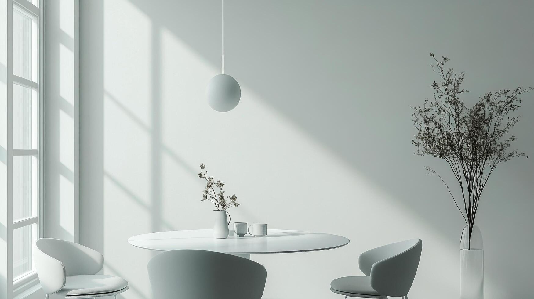 Minimalist dining area with a large table and bright natural light during daytime photo
