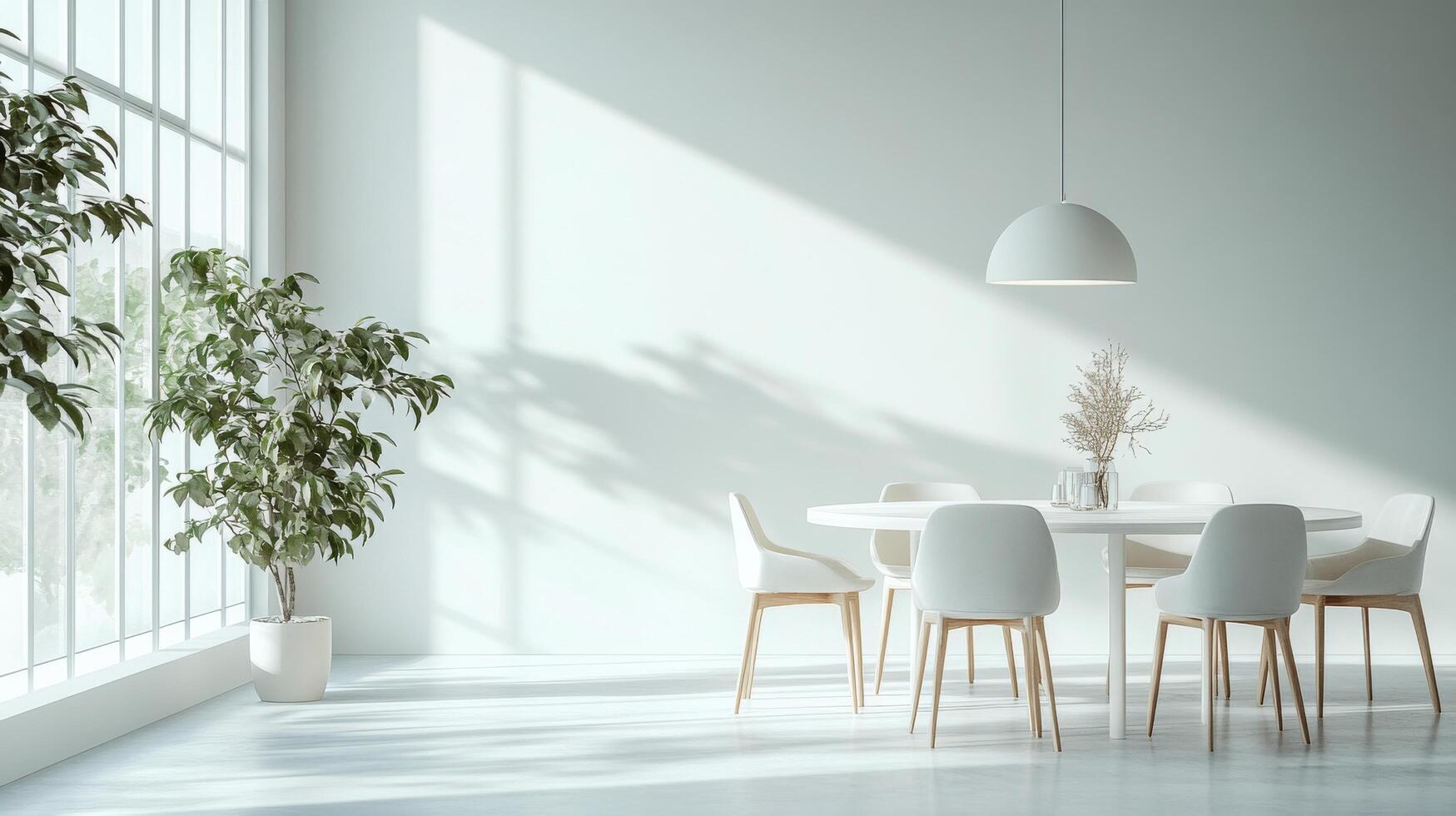 Minimalist dining area with a large table and bright natural light during daytime photo