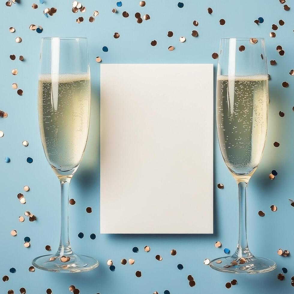 Celebration with sparkling drinks and colorful confetti on a blue backdrop during a festive occasion photo