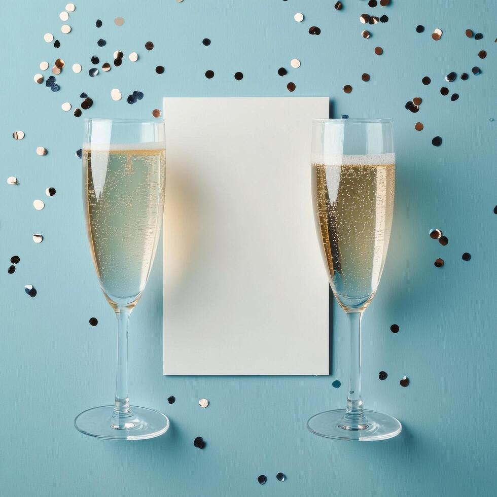 Celebration with sparkling drinks and colorful confetti on a blue backdrop during a festive occasion photo