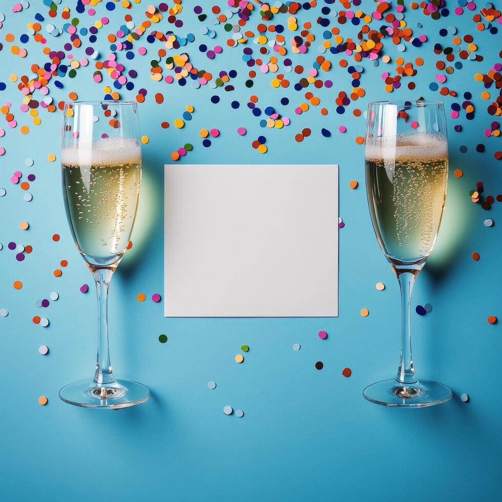 Celebration with sparkling drinks and colorful confetti on a blue backdrop during a festive occasion photo