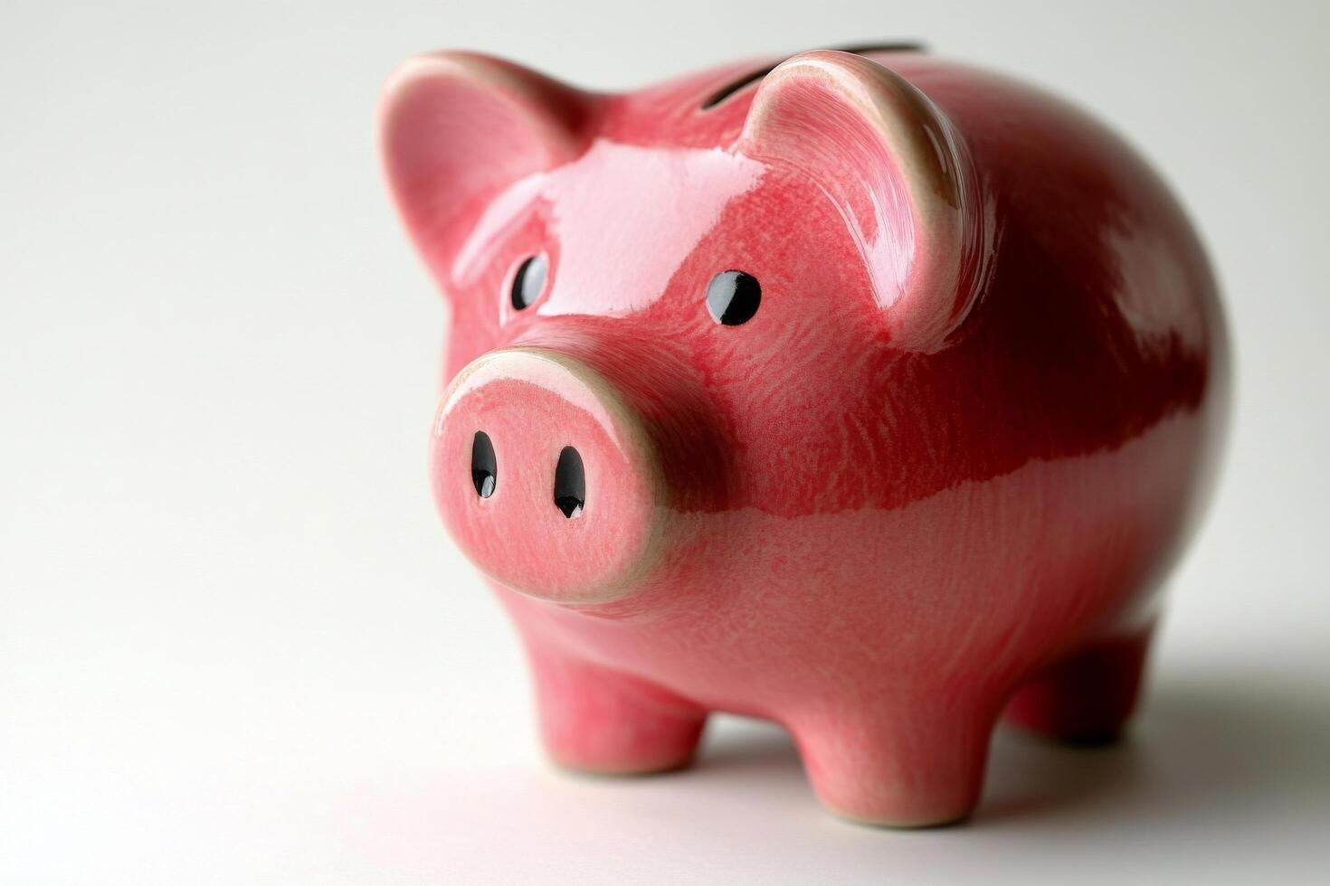 A close view of a pink ceramic piggy bank on a white background at home photo