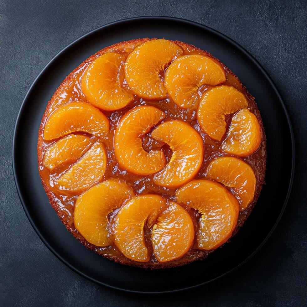 Delicious peach upside down cake served on a black plate in a modern kitchen setting photo