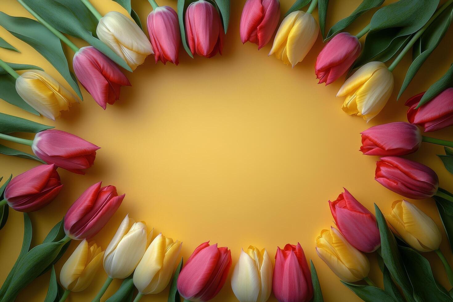 Bright tulips arranged in a circular pattern on a yellow background with natural lighting photo