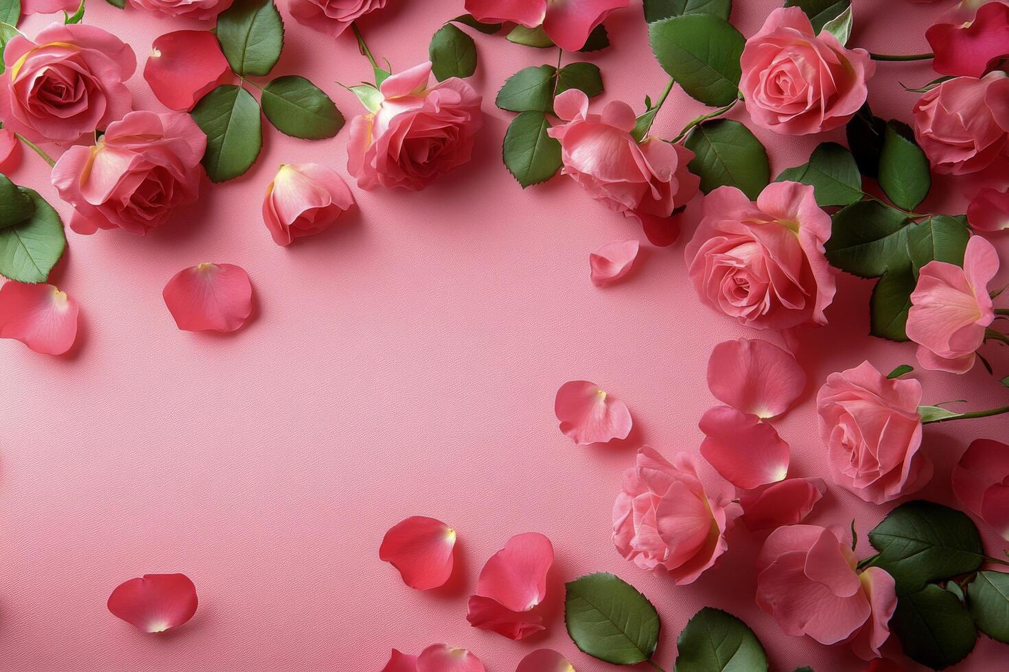 Delicate pink roses surrounded by petals on a soft pink background for a serene atmosphere photo