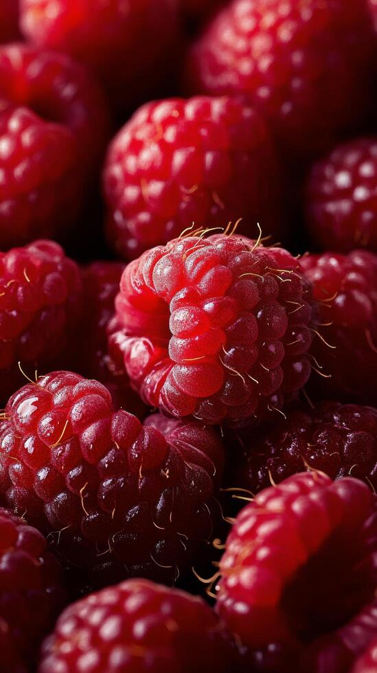 Fresh raspberries piled together in a vibrant arrangement highlighting their rich red color photo