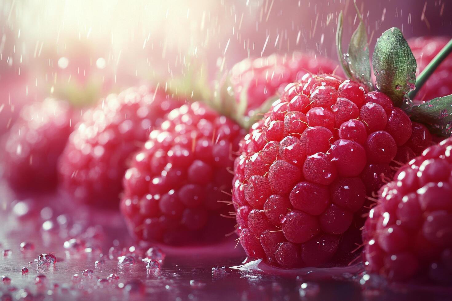 Fresh raspberries glistening with water droplets in a close up view during natural lighting photo