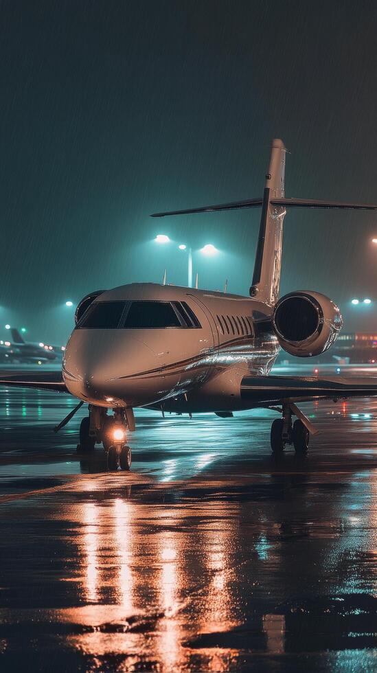 Private jet parked at a lit airport during a rainy night with neon reflections on the runway photo