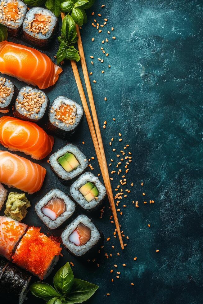 A vibrant selection of sushi varieties served on a dark plate with chopsticks and toppings photo