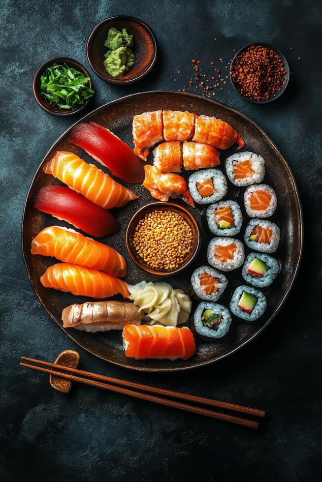 A vibrant selection of sushi varieties served on a dark plate with chopsticks and toppings photo