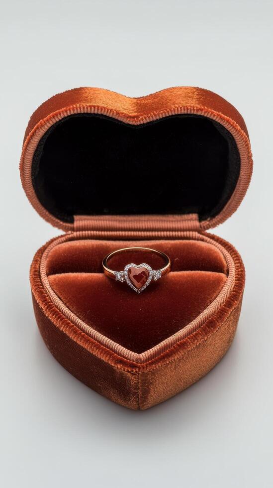 Elegant heart shaped ring box with a ruby and diamond engagement ring inside it photo