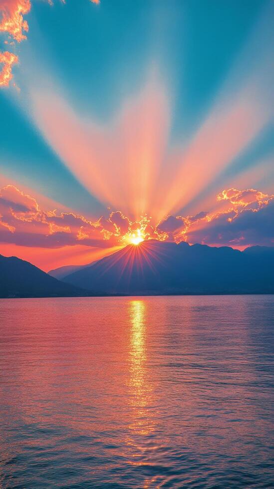 A beautiful sunset over a tranquil lake with vibrant colors and mountainous backdrop photo