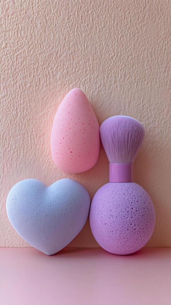 Colorful beauty sponges arranged on a soft pink background with varying shapes and sizes photo