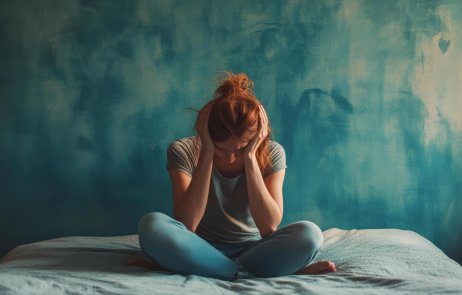 Young woman seated on a bed with hands on her face, expressing deep feelings of distress indoors photo