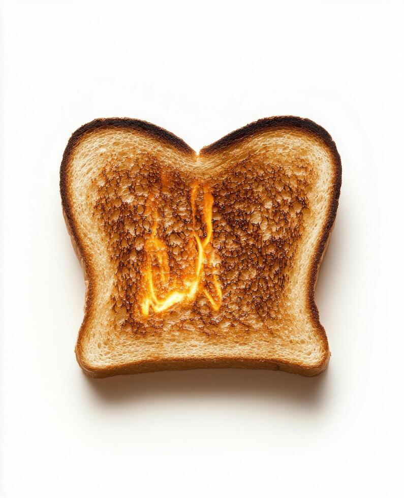 Toasted bread slice with unique burn design on a white background capturing warmth and texture photo