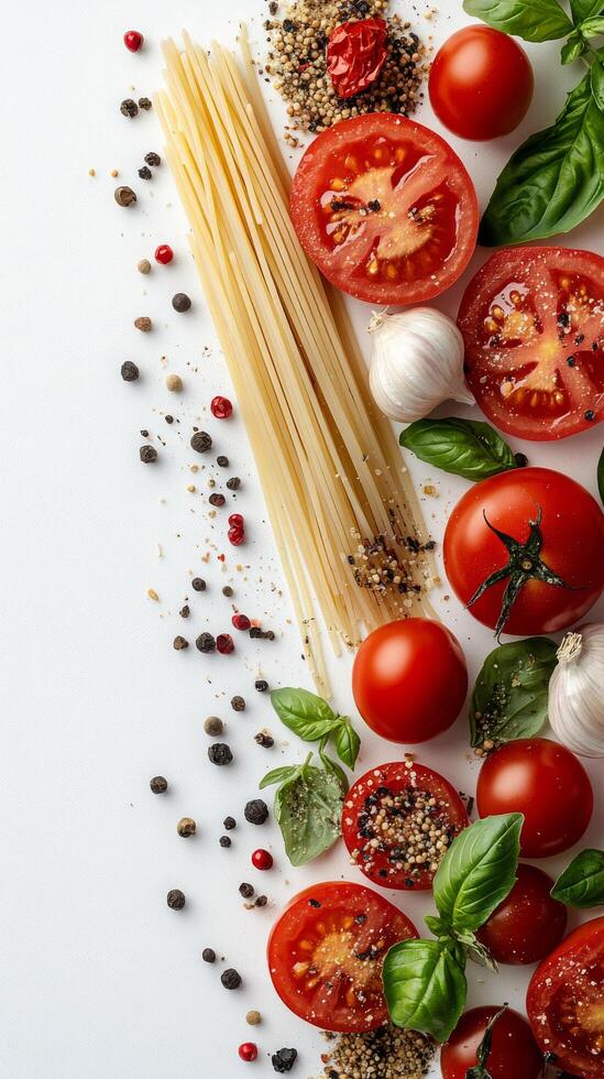 Fresh ingredients for a delicious pasta dish arranged on a white background photo