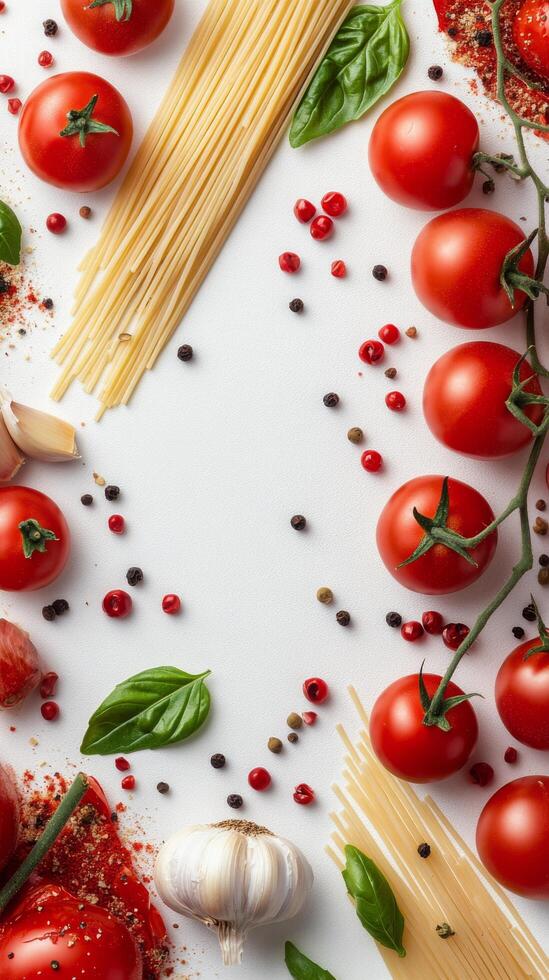 Fresh ingredients for a delicious pasta dish arranged on a white background photo