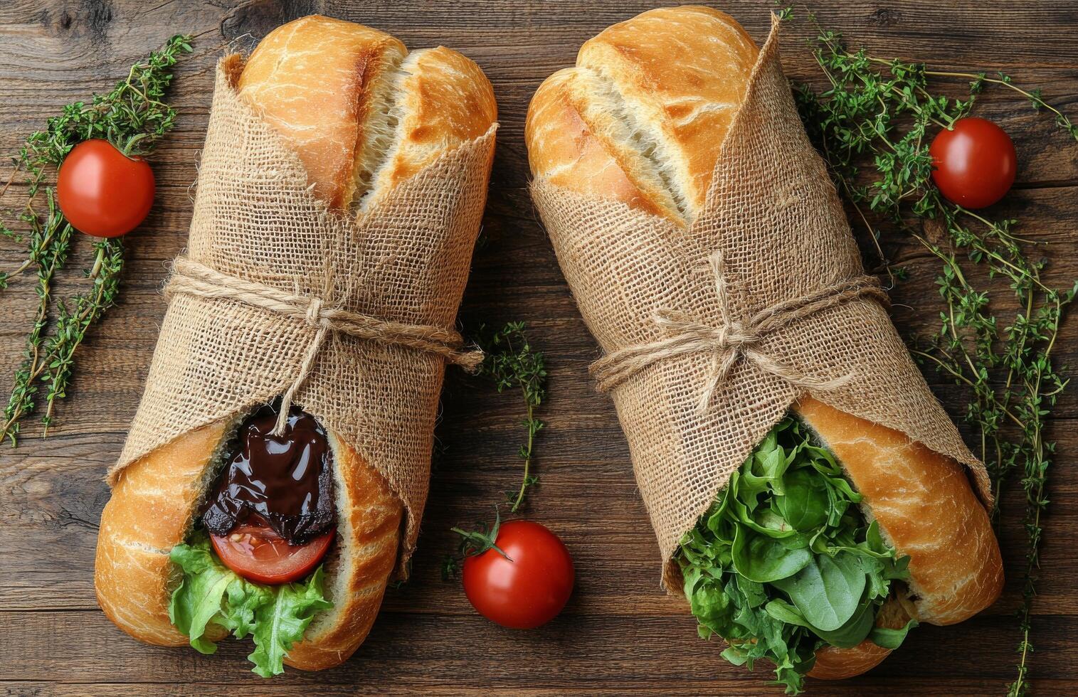 Freshly wrapped sandwiches with tomatoes on a rustic wooden background at a casual picnic setting photo