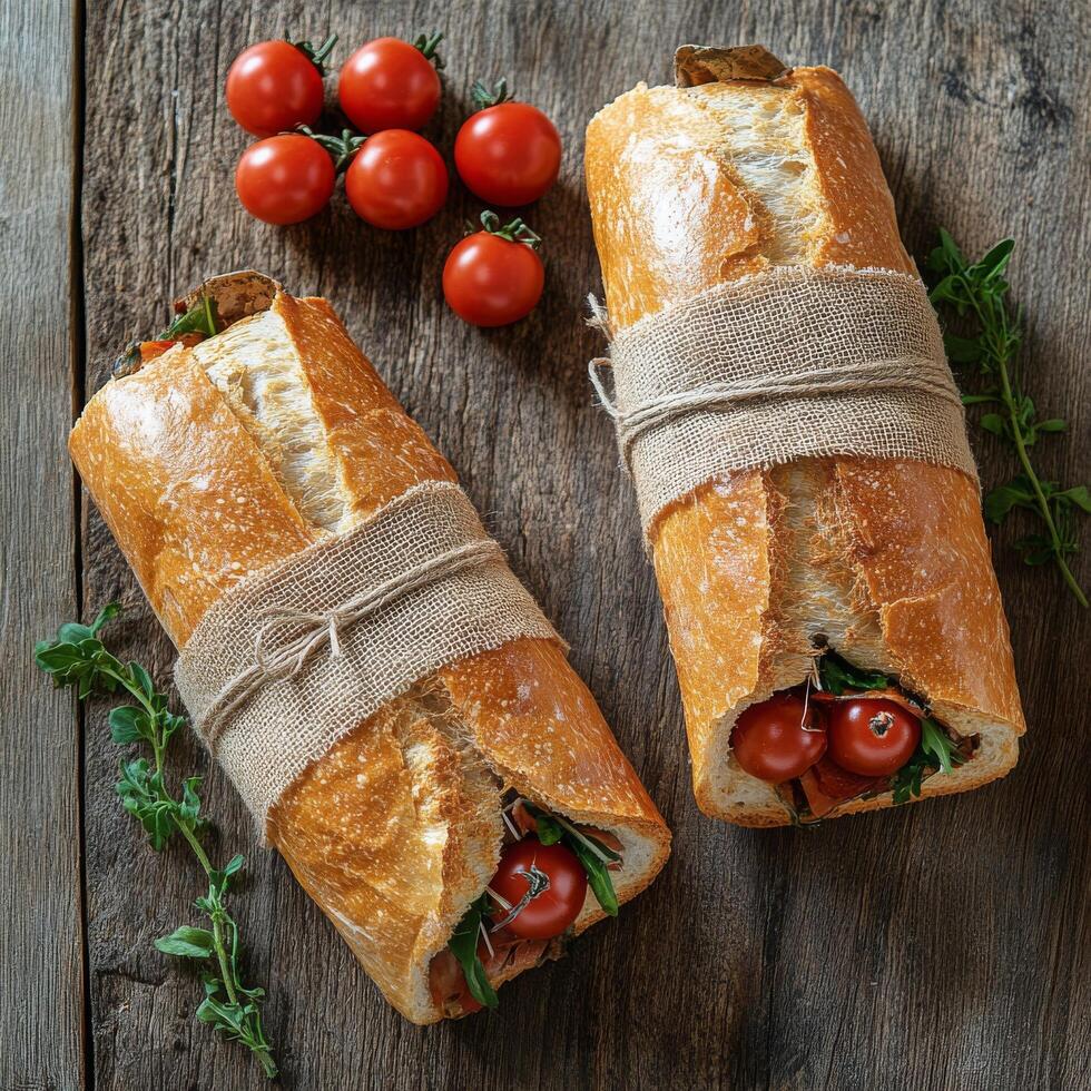 Freshly prepared baguette sandwiches with tomatoes on a rustic wooden table photo