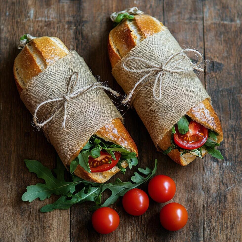 Freshly prepared baguette sandwiches with tomatoes on a rustic wooden table photo