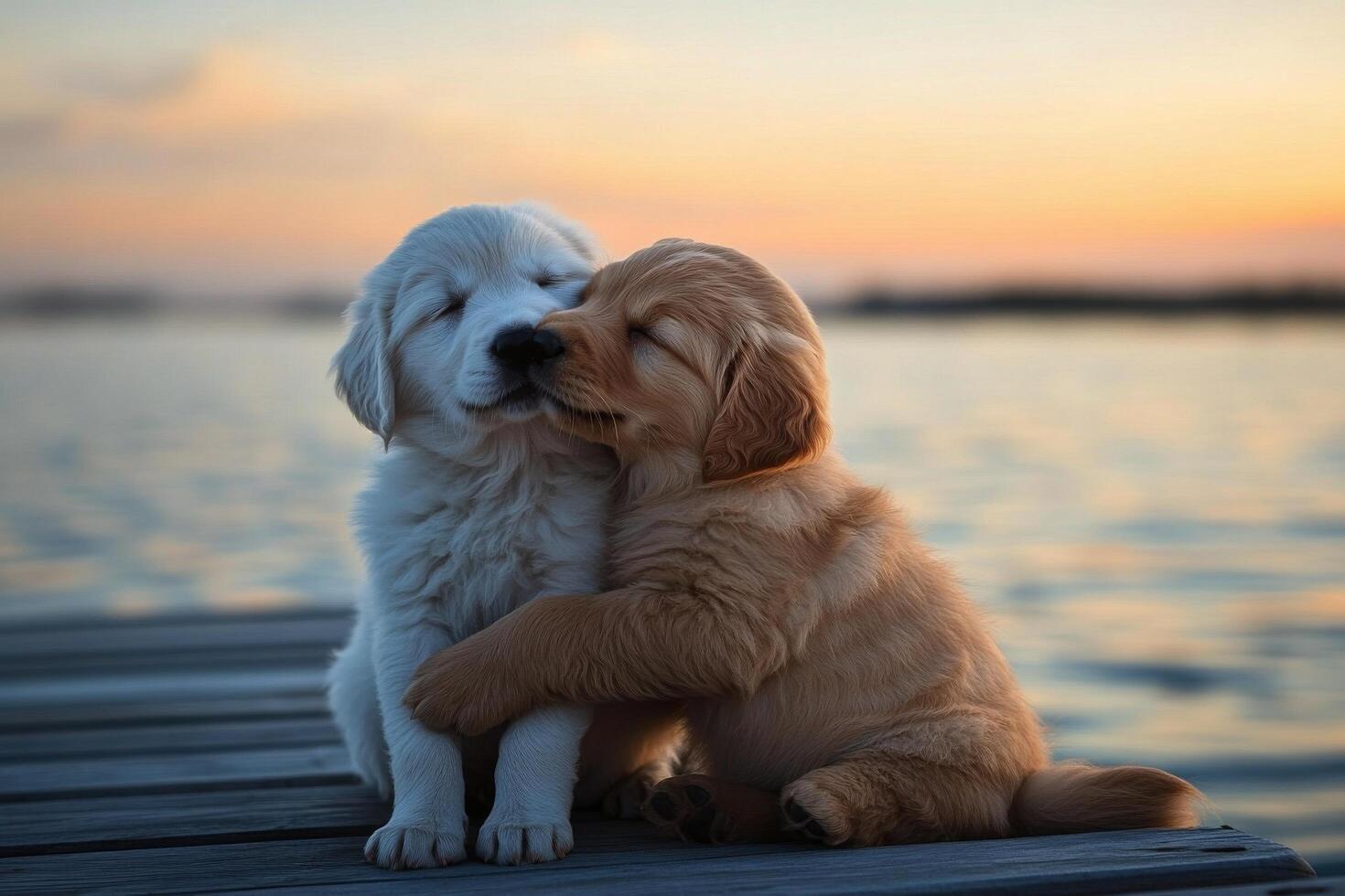 Two adorable puppies cuddle on a dock as the sun sets over the water in a tranquil evening setting photo