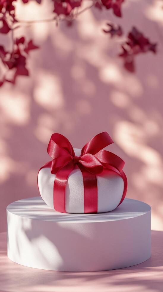 Decorative pink gift box with a heart ribbon in a bright room during daytime photo