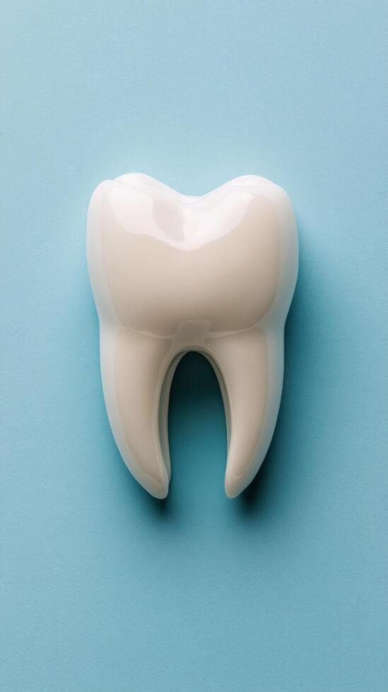 A large ceramic tooth sculpture displayed against a light blue background in a dental office photo