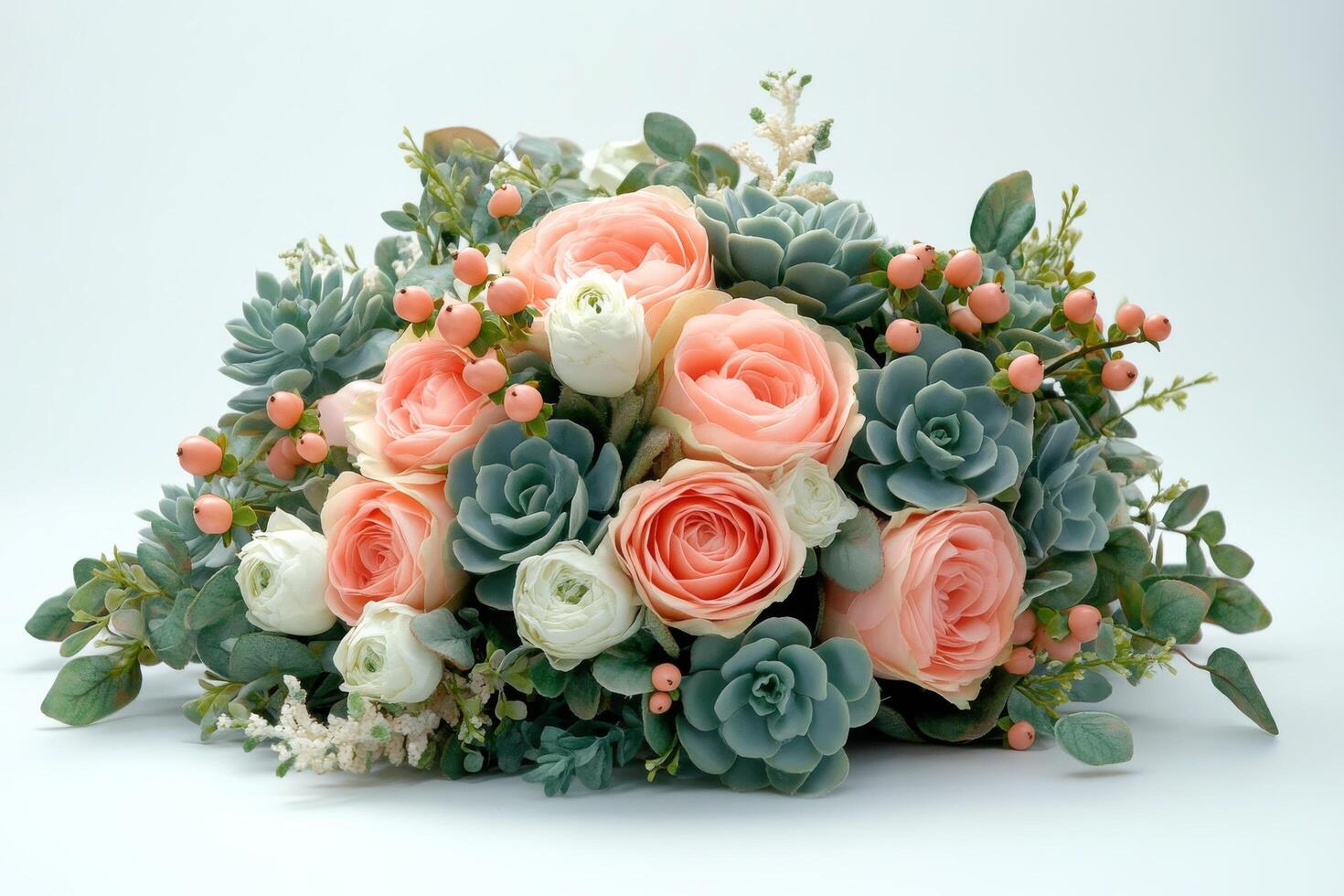 A beautiful bouquet of roses, peonies, and succulents arranged artfully on a soft background photo