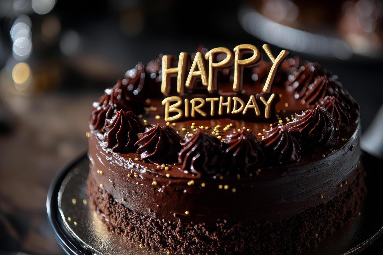 Rich chocolate birthday cake with simple gold lettering served at a celebration party photo