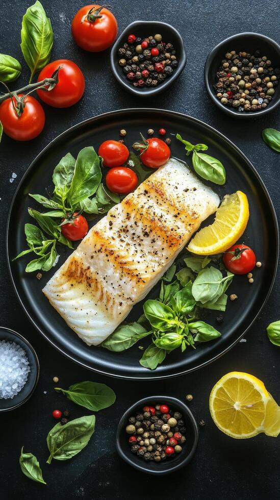 Grilled fish served with fresh herbs, cherry tomatoes, lemon, and assorted spices on a dark plate photo