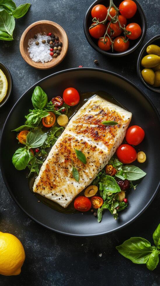 Grilled fish served with fresh herbs, cherry tomatoes, lemon, and assorted spices on a dark plate photo