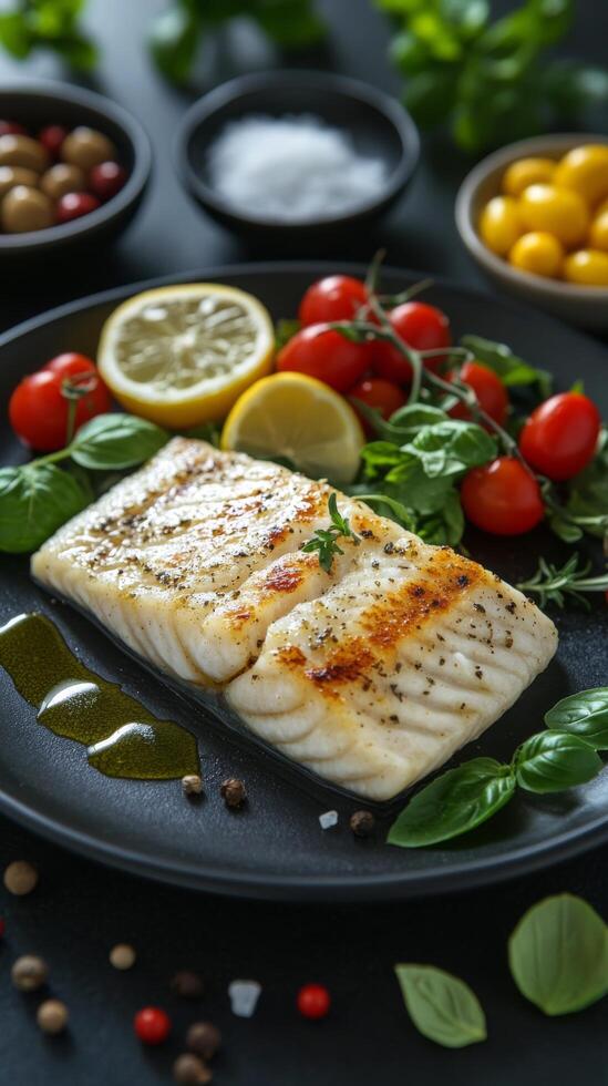 Grilled fish served with fresh herbs, cherry tomatoes, lemon, and assorted spices on a dark plate photo